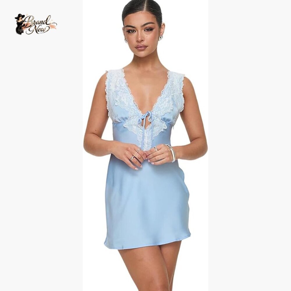 Satin Mini Dress With Lace Trim, V-Neck, Side Zipper, Special Occasion